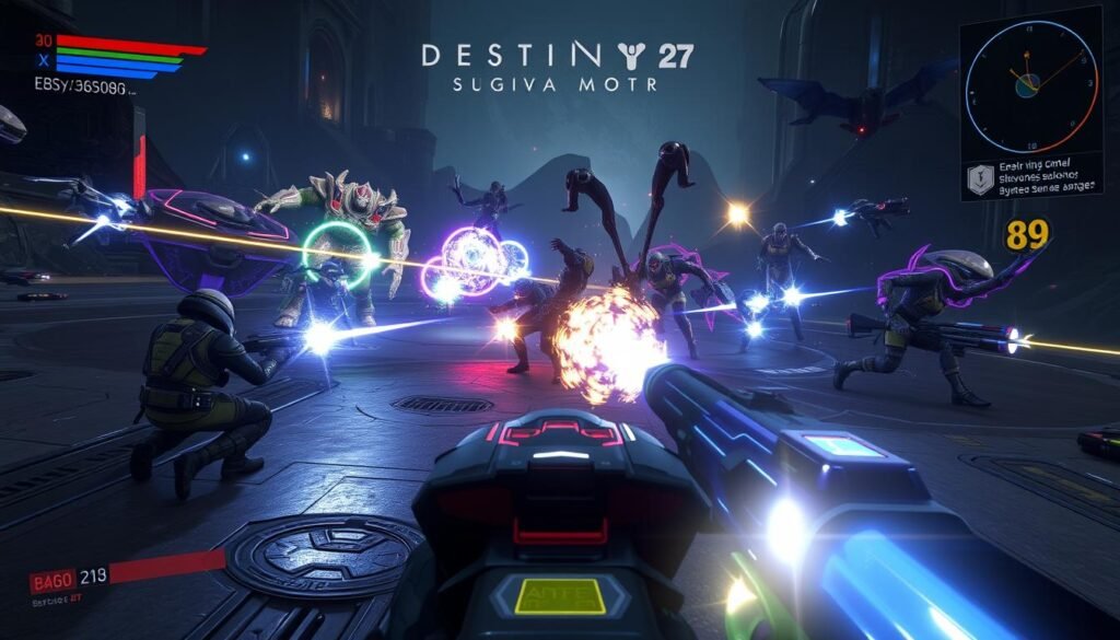 Dynamiczna walka w Destiny 2 z efektami specjalnymi i grupą graczy na konsoli Dynamiczna walka w Destiny 2 z efektami specjalnymi i grupą graczy na konsoli