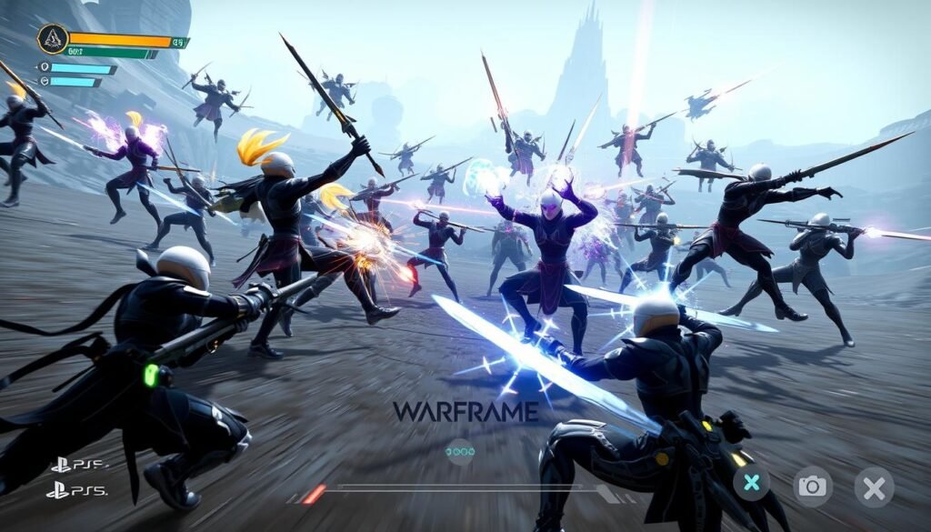 Dynamiczna walka w Warframe z grupą graczy używających różnych Warframe'ów i broni Dynamiczna walka w Warframe z grupą graczy używających różnych Warframe'ów i broni
