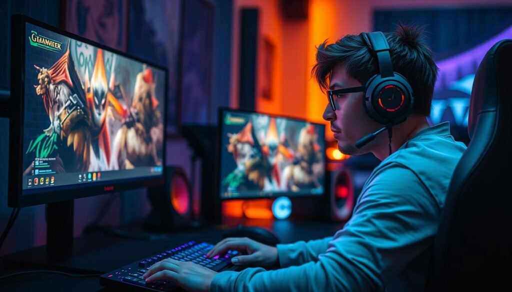 Gracz przy komputerze grający w strzelanki MMO na PC Gracz przy komputerze grający w strzelanki MMO na PC
