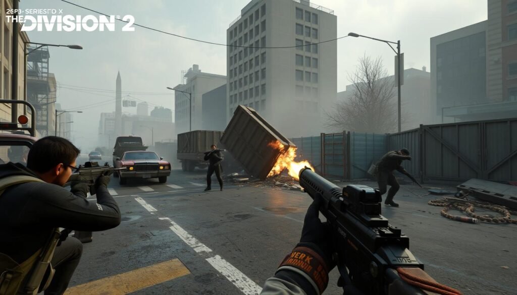 Grupa agentów w The Division 2 walcząca na ulicach postapokaliptycznego Waszyngtonu Grupa agentów w The Division 2 walcząca na ulicach postapokaliptycznego Waszyngtonu