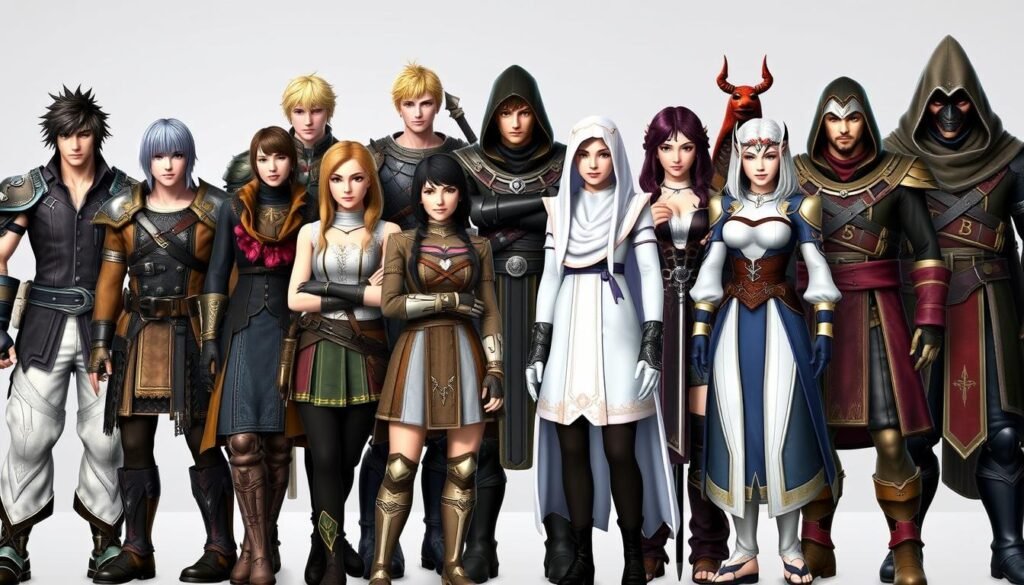 Grupa graczy z różnych gier MMO na konsolach stojąca razem, symbolizująca społeczność graczy Grupa graczy z różnych gier MMO na konsolach stojąca razem, symbolizująca społeczność graczy