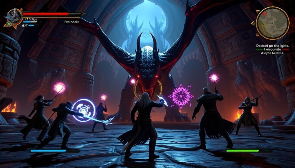 Grupa postaci w Neverwinter walcząca z potężnym smokiem w epickim lochu Grupa postaci w Neverwinter walcząca z potężnym smokiem w epickim lochu