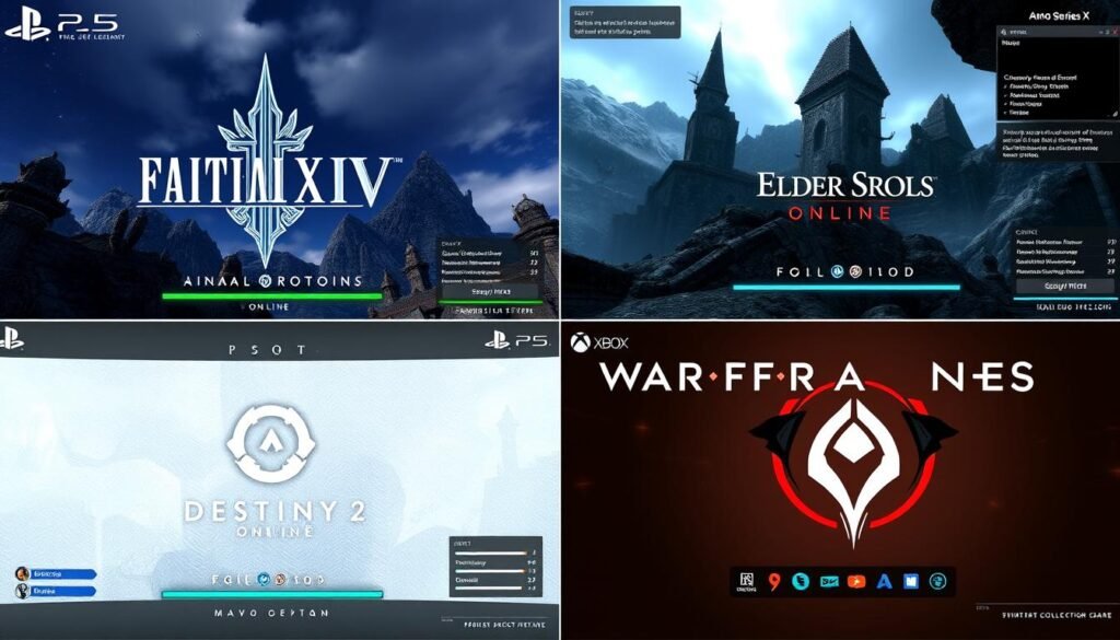 Kolaż pokazujący interfejsy użytkownika z różnych gier MMO na konsolach Kolaż pokazujący interfejsy użytkownika z różnych gier MMO na konsolach