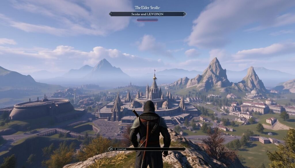 Panoramiczny widok na świat The Elder Scrolls Online z graczami eksplorującymi otwarty teren Panoramiczny widok na świat The Elder Scrolls Online z graczami eksplorującymi otwarty teren