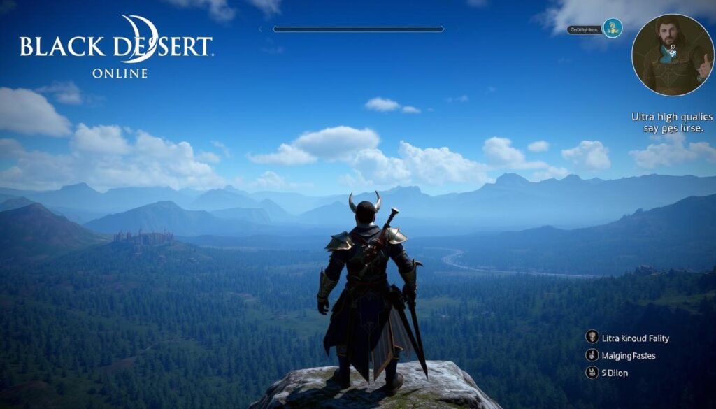 Piękny krajobraz z Black Desert Online z postacią gracza na pierwszym planie Piękny krajobraz z Black Desert Online z postacią gracza na pierwszym planie