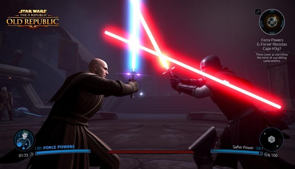 Pojedynek Jedi z Sithem w Star Wars: The Old Republic z efektami świetlnymi mieczy świetlnych Pojedynek Jedi z Sithem w Star Wars: The Old Republic z efektami świetlnymi mieczy świetlnych