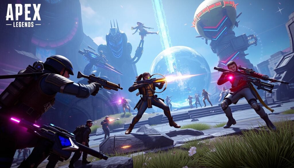 Zrzut ekranu z gry Apex Legends pokazujący walkę drużynową, jedna z najlepszych strzelanek MMO na PC Zrzut ekranu z gry Apex Legends pokazujący walkę drużynową, jedna z najlepszych strzelanek MMO na PC