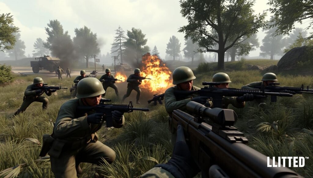 Zrzut ekranu z gry Enlisted pokazujący bitwę piechoty z II wojny światowej, jedna z najlepszych strzelanek MMO na PC Zrzut ekranu z gry Enlisted pokazujący bitwę piechoty z II wojny światowej, jedna z najlepszych strzelanek MMO na PC