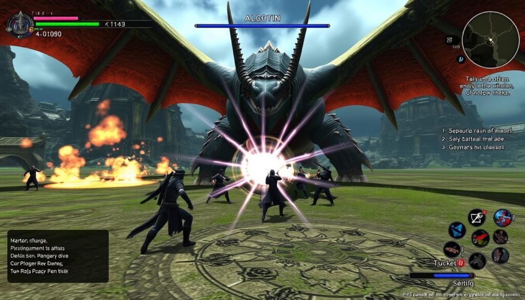 Zrzut ekranu z gry Final Fantasy XIV Online pokazujący epicką scenę walki z bossem na konsoli PS5 Zrzut ekranu z gry Final Fantasy XIV Online pokazujący epicką scenę walki z bossem na konsoli PS5