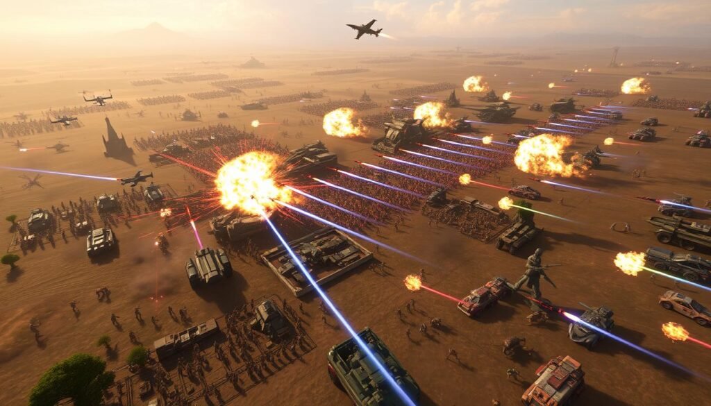 Zrzut ekranu z gry PlanetSide 2 pokazujący masową bitwę między frakcjami, jedna z najlepszych strzelanek MMO na PC Zrzut ekranu z gry PlanetSide 2 pokazujący masową bitwę między frakcjami, jedna z najlepszych strzelanek MMO na PC