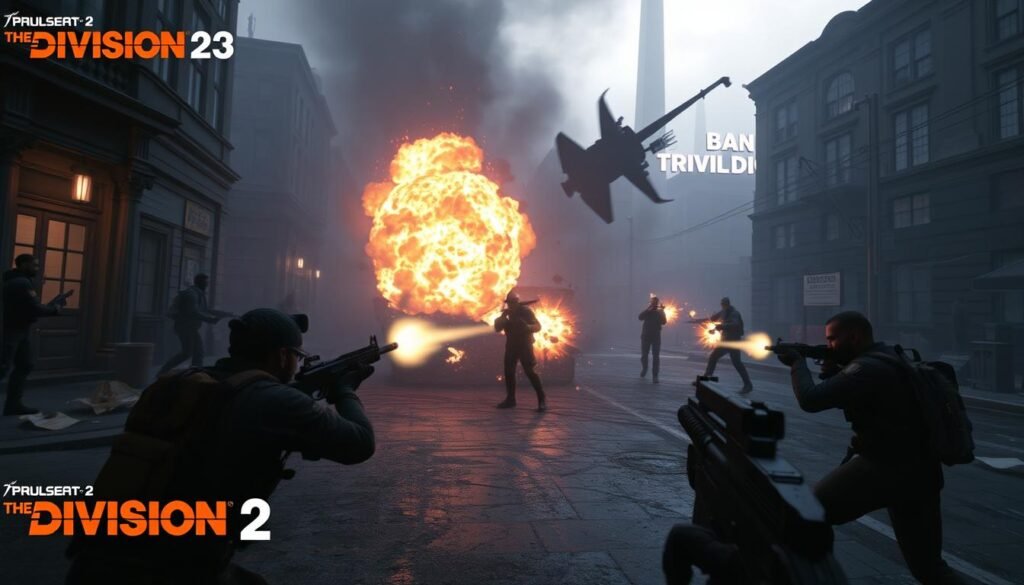 Zrzut ekranu z gry The Division 2 pokazujący walkę w zniszczonym Waszyngtonie, jedna z najlepszych strzelanek MMO na PC Zrzut ekranu z gry The Division 2 pokazujący walkę w zniszczonym Waszyngtonie, jedna z najlepszych strzelanek MMO na PC