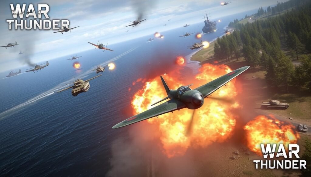 Zrzut ekranu z gry War Thunder pokazujący bitwę powietrzno-lądową, jedna z najlepszych strzelanek MMO na PC Zrzut ekranu z gry War Thunder pokazujący bitwę powietrzno-lądową, jedna z najlepszych strzelanek MMO na PC