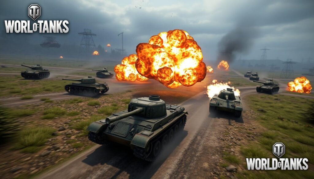 Zrzut ekranu z gry World of Tanks pokazujący bitwę czołgów, jedna z najlepszych strzelanek MMO na PC Zrzut ekranu z gry World of Tanks pokazujący bitwę czołgów, jedna z najlepszych strzelanek MMO na PC