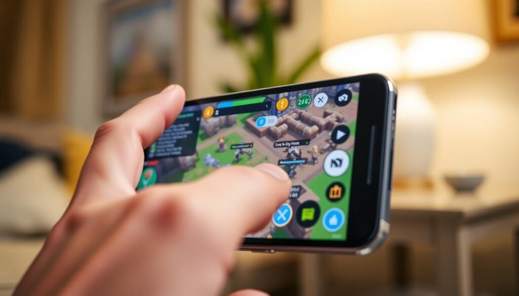 A close-up view of a smartphone displaying the colorful, immersive gameplay of Old School RuneScape, set against a soft-focus backdrop of a cozy gaming room. In the foreground, a finger gently taps the screen, showcasing intuitive touch controls with highlighted buttons and action menus. The middle ground includes visually dynamic elements like animated character interactions and combat scenes, illustrating the touch mechanics in action. The background features a warm, inviting ambiance with soft lighting emanating from a desk lamp, capturing a relaxed gaming atmosphere. The angle is slightly tilted to give depth, focusing on the screen and hand while creating a sense of engagement. The overall mood conveys ease and enjoyment of touch controls for Android users. A close-up view of a smartphone displaying the colorful, immersive gameplay of Old School RuneScape, set against a soft-focus backdrop of a cozy gaming room. In the foreground, a finger gently taps the screen, showcasing intuitive touch controls with highlighted buttons and action menus. The middle ground includes visually dynamic elements like animated character interactions and combat scenes, illustrating the touch mechanics in action. The background features a warm, inviting ambiance with soft lighting emanating from a desk lamp, capturing a relaxed gaming atmosphere. The angle is slightly tilted to give depth, focusing on the screen and hand while creating a sense of engagement. The overall mood conveys ease and enjoyment of touch controls for Android users.
