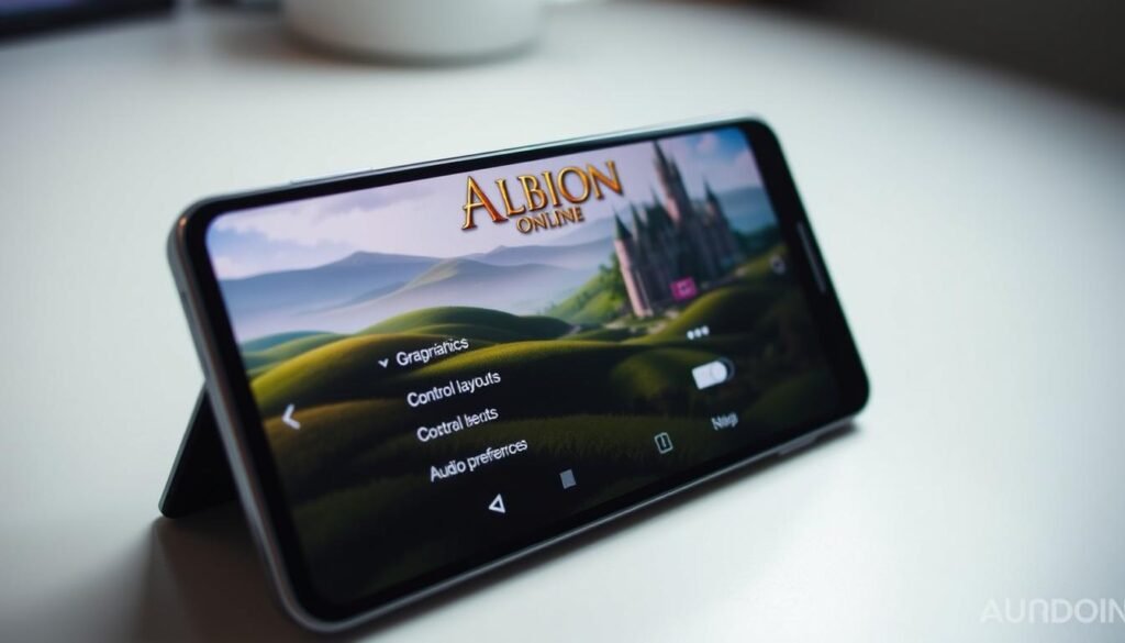 A detailed digital screen interface showcasing the settings menu for "Albion Online" on an Android device. The foreground features a sleek, modern Android phone displaying vivid colors and detailed icons related to game settings such as graphics adjustments, control layouts, and audio preferences. The middle layer includes a stylized, blurred background featuring a fantasy landscape that reflects the game's aesthetic—rolling hills, mystical forests, and castles. Soft ambient lighting emphasizes the clarity of the screen while creating a calm, inviting atmosphere. The angle captures the phone slightly tilted to add depth. No people are present; the focus remains on the device and the enchanting visual elements hinting at an immersive gaming experience.