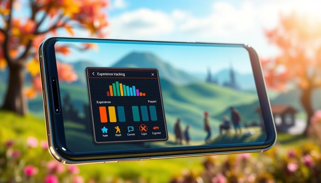 A detailed scene showcasing a popout panel for experience tracking in an Android interface of an MMORPG game. The foreground features a vibrant, glossy mobile screen displaying an animated, user-friendly XP tracker with intricate details like experience bars and icons, surrounded by a soft glow. In the middle ground, there are subtle representations of in-game characters engaging in activities, depicted in a fantasy style, without being overly detailed. The background shows a blurred impression of a colorful, enchanted landscape inspired by Old School RuneScape, with hills and mystical trees, giving a sense of adventure. The lighting is bright and inviting, resembling a sunny day, enhancing the sense of excitement and ease of use for players.