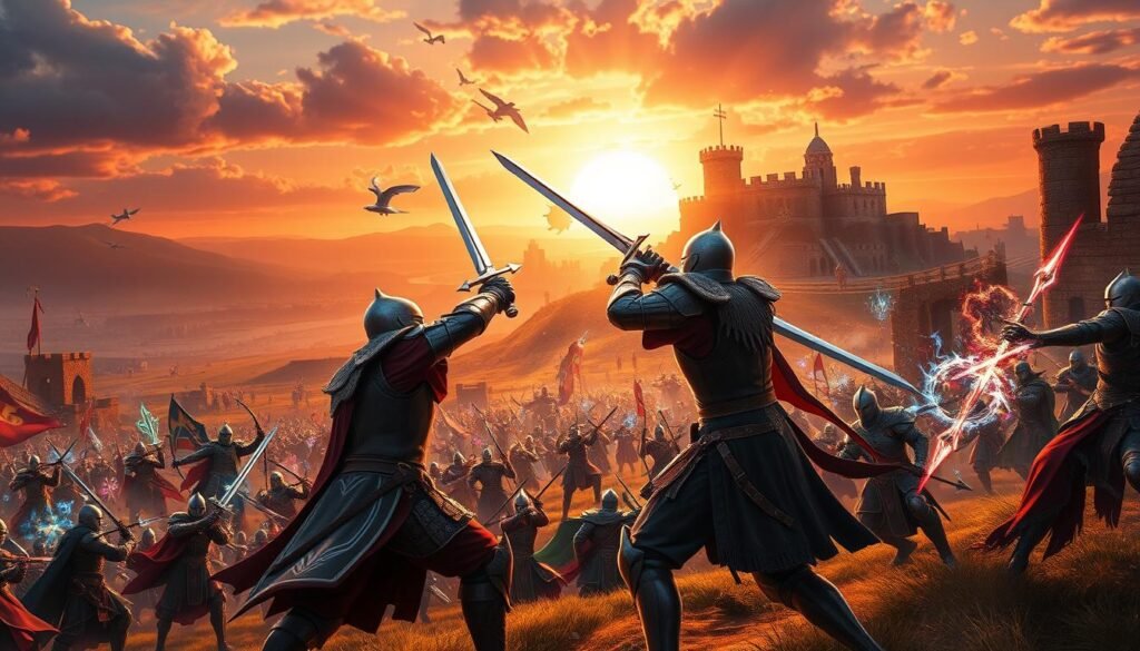 A dynamic scene showcasing a guild battle in a fantasy MMO setting, reminiscent of "Albion Online." In the foreground, two armored knights engage in combat, their swords clashing, while a mage casts a powerful spell. The middle ground features a diverse group of warriors and archers from different guilds, strategizing and clashing in a vibrant and chaotic scene. A backdrop of a sprawling medieval landscape, with ancient ruins and a castle under a dramatic sunset sky. The atmosphere is intense and competitive, with vivid colors highlighting magical effects and battle actions. Use cinematic lighting to create depth, focusing on the contrasting shadows of the battlefield. The image should evoke a sense of epic adventure and camaraderie among players.