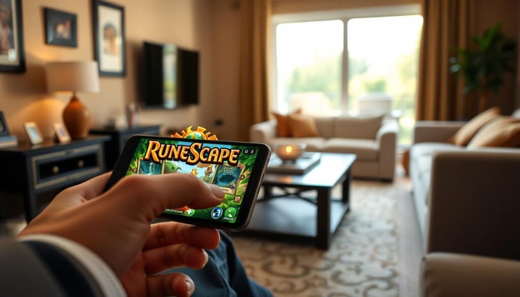 A mobile gaming setup showcasing "RuneScape" on an Android device. In the foreground, a sleek smartphone displays the RuneScape app with a colorful, vibrant interface reflecting a fantasy world. Beside the phone, a person's hands in smart casual attire are engaged in gameplay, tapping on the screen. The middle ground features a cozy, well-lit living room scene with a comfortable couch and coffee table, while the background reveals a window showing a sunny day outside. Soft, warm lighting enhances the inviting atmosphere, creating a blend of relaxation and excitement. The overall mood is engaging and dynamic, emphasizing the thrill of mobile gaming in both casual and home environments.