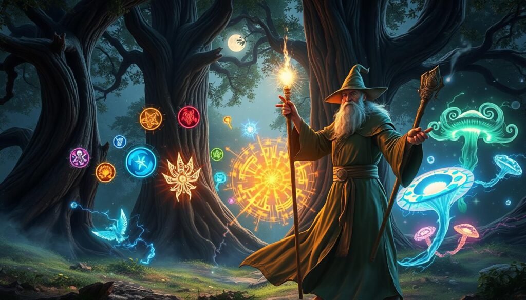 A mystical scene depicting a vibrant assortment of spells being cast in an enchanted forest setting. In the foreground, a powerful wizard in modest robes gestures with a glowing staff, surrounded by swirling magical symbols and particles of light. The middle ground features a spectral representation of various spells, including fireballs, healing orbs, and lightning strikes, each uniquely designed and radiating energy. The background consists of ancient, towering trees with luminescent fungi, creating a magical ambiance. Soft moonlight filters through the leaves, casting gentle shadows and highlighting the mystical atmosphere. The image conveys a sense of adventure, creativity, and strategy, perfect for an article exploring character builds and spells in a fantasy PvE environment. A mystical scene depicting a vibrant assortment of spells being cast in an enchanted forest setting. In the foreground, a powerful wizard in modest robes gestures with a glowing staff, surrounded by swirling magical symbols and particles of light. The middle ground features a spectral representation of various spells, including fireballs, healing orbs, and lightning strikes, each uniquely designed and radiating energy. The background consists of ancient, towering trees with luminescent fungi, creating a magical ambiance. Soft moonlight filters through the leaves, casting gentle shadows and highlighting the mystical atmosphere. The image conveys a sense of adventure, creativity, and strategy, perfect for an article exploring character builds and spells in a fantasy PvE environment.