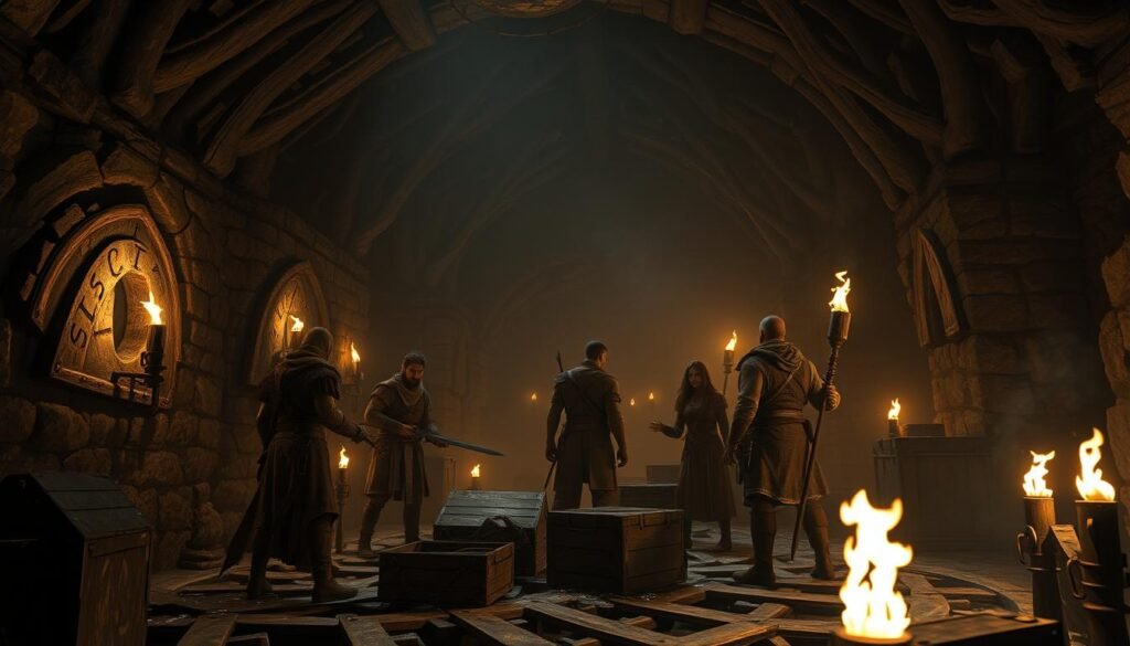 A shadowy dungeon scene illuminated by flickering torchlight, featuring rugged stone walls adorned with ancient runes. In the foreground, a diverse party of adventurers in modest fantasy garb is strategizing their approach to a looming, dark archway that hints at the presence of formidable bosses beyond. The group, including a warrior with a sword, a mage with a glowing staff, and an agile rogue, is depicted in dynamic poses, expressing teamwork and determination. In the middle ground, eerie shadows cast by the torches dance around rusty metal traps and old wooden crates, adding tension to the atmosphere. The background reveals deep, dark corridors that fade into shadows, creating a sense of mystery and danger. The overall mood is adventurous and suspenseful, captured in a cinematic angle that emphasizes the depth of the dungeon. A shadowy dungeon scene illuminated by flickering torchlight, featuring rugged stone walls adorned with ancient runes. In the foreground, a diverse party of adventurers in modest fantasy garb is strategizing their approach to a looming, dark archway that hints at the presence of formidable bosses beyond. The group, including a warrior with a sword, a mage with a glowing staff, and an agile rogue, is depicted in dynamic poses, expressing teamwork and determination. In the middle ground, eerie shadows cast by the torches dance around rusty metal traps and old wooden crates, adding tension to the atmosphere. The background reveals deep, dark corridors that fade into shadows, creating a sense of mystery and danger. The overall mood is adventurous and suspenseful, captured in a cinematic angle that emphasizes the depth of the dungeon.