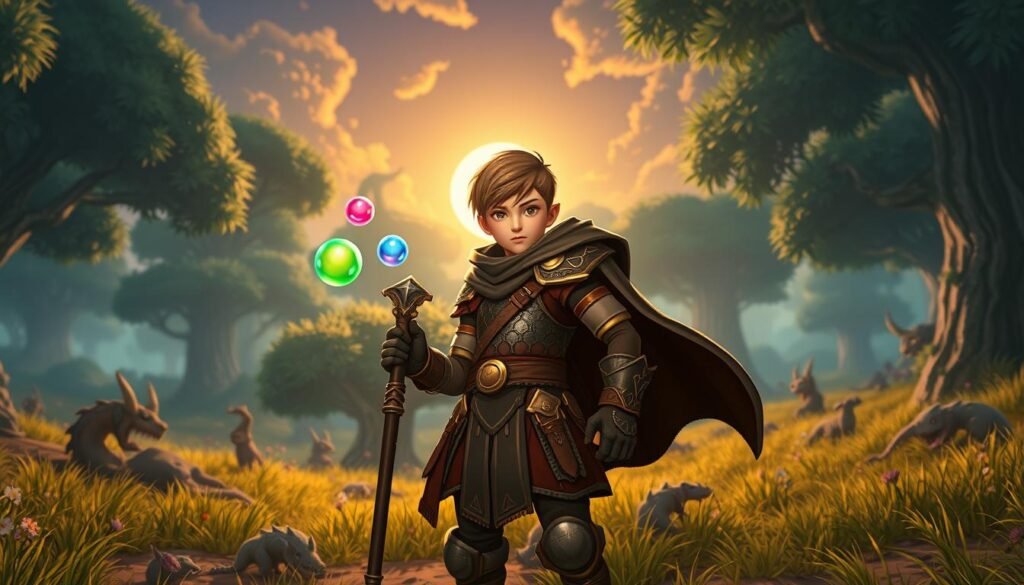 A solitary adventurer stands confidently in a fantasy landscape inspired by Dofus, highlighting the concept of 'solo' gameplay. In the foreground, the character, a young warrior dressed in detailed armor, grips a magic staff, ready for battle. Their expression reflects determination and focus. In the middle of the scene, colorful magical orbs hover around them, signifying the class's abilities. The background features a sprawling, lush forest with mystical creatures peeking through the trees, illuminated by the soft glow of a setting sun, casting warm golden light across the scene. The atmosphere is adventurous yet serene, capturing the essence of a solo gaming experience at a low level. The view is from a slightly low-angle perspective, enhancing the character's heroic stance and inviting the viewer into this enchanting world.