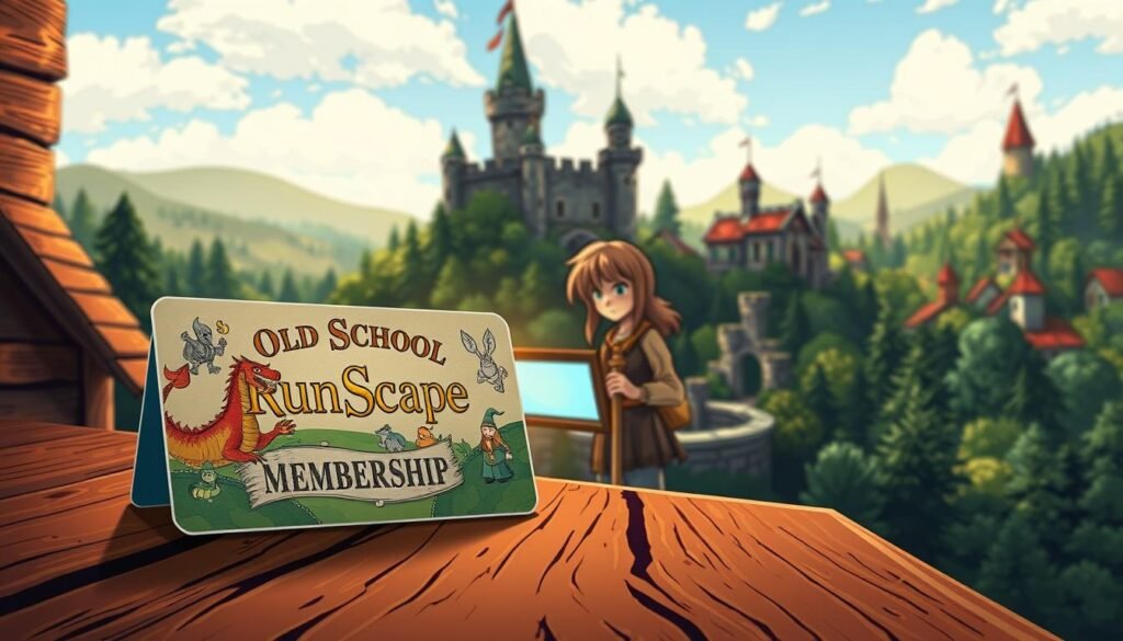 A vibrant and detailed illustration of an Old School RuneScape membership card prominently displayed in the foreground. The card features classic game icons like a dragon and a wizard, set against a rustic wooden table. In the middle ground, a stylized character dressed in modest, traditional fantasy attire studies a glowing screen, showcasing the game interface. The background depicts a lush medieval landscape with iconic RuneScape elements, such as castles and dense forests, under a bright blue sky. Soft, warm lighting illuminates the scene, creating an inviting atmosphere. Capture a sense of nostalgia and adventure, symbolizing the allure of gamified subscription experiences in a fantasy world. A vibrant and detailed illustration of an Old School RuneScape membership card prominently displayed in the foreground. The card features classic game icons like a dragon and a wizard, set against a rustic wooden table. In the middle ground, a stylized character dressed in modest, traditional fantasy attire studies a glowing screen, showcasing the game interface. The background depicts a lush medieval landscape with iconic RuneScape elements, such as castles and dense forests, under a bright blue sky. Soft, warm lighting illuminates the scene, creating an inviting atmosphere. Capture a sense of nostalgia and adventure, symbolizing the allure of gamified subscription experiences in a fantasy world.