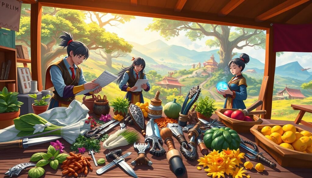 A vibrant and dynamic illustration of profession resources in a fantasy setting inspired by the game "Wakfu." In the foreground, a table filled with various crafting materials: colorful herbs, intricate tools, and shimmering kamas. In the middle ground, skilled characters in professional attire engage in crafting and gathering, showcasing collaboration and teamwork. One character carefully inspects a blueprint, while another holds a glowing potion. The background features a lush landscape with fantastical trees and a distant village, bathed in warm, inviting sunlight. The atmosphere is lively and productive, depicting a thriving economy and the excitement of resource management. Use a wide-angle lens for depth, emphasizing the connection between characters and their resources. A vibrant and dynamic illustration of profession resources in a fantasy setting inspired by the game "Wakfu." In the foreground, a table filled with various crafting materials: colorful herbs, intricate tools, and shimmering kamas. In the middle ground, skilled characters in professional attire engage in crafting and gathering, showcasing collaboration and teamwork. One character carefully inspects a blueprint, while another holds a glowing potion. The background features a lush landscape with fantastical trees and a distant village, bathed in warm, inviting sunlight. The atmosphere is lively and productive, depicting a thriving economy and the excitement of resource management. Use a wide-angle lens for depth, emphasizing the connection between characters and their resources.