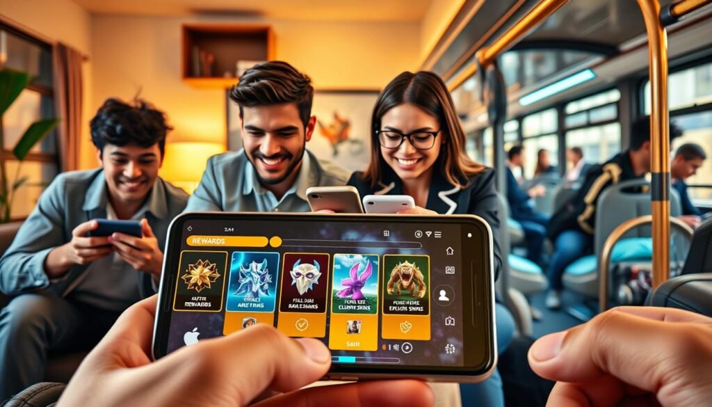 A vibrant and engaging scene showcasing mobile gaming rewards inspired by RuneScape's Founders packs. In the foreground, a sleek smartphone displays a dynamic interface with colorful graphics representing in-game rewards like rare items and exclusive skins. In the middle ground, a diverse group of enthusiastic gamers, including a young man in casual attire and a woman in professional business wear, are intently focused on their phones, immersed in gameplay. The background features a cozy living room and a bustling bus interior, symbolizing gaming anywhere – at home or on the go. Soft, warm lighting creates a friendly atmosphere, emphasizing the excitement of mobile gaming. The image is shot from a slightly elevated angle, capturing the gamers' expressions of joy and anticipation as they explore their rewards.