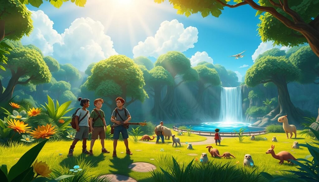 A vibrant and immersive "quests experience area" from the game Wakfu, featuring a lush, green forest teeming with diverse flora and fauna. In the foreground, a group of four adventurers in modest casual clothing stands gathered around a glowing quest marker, exuding excitement and camaraderie. The middle ground includes interactive NPC characters and colorful quest items scattered about, inviting exploration. In the background, the forest opens up to reveal a mystical waterfall cascading into a serene pond, under a clear blue sky filled with soft, fluffy clouds. The lighting is warm and inviting, creating a sense of adventure and discovery, with sunbeams filtering through the trees, highlighting the vibrant colors of the environment. The overall atmosphere is one of wonder and excitement, perfectly capturing the spirit of embarking on new quests. A vibrant and immersive "quests experience area" from the game Wakfu, featuring a lush, green forest teeming with diverse flora and fauna. In the foreground, a group of four adventurers in modest casual clothing stands gathered around a glowing quest marker, exuding excitement and camaraderie. The middle ground includes interactive NPC characters and colorful quest items scattered about, inviting exploration. In the background, the forest opens up to reveal a mystical waterfall cascading into a serene pond, under a clear blue sky filled with soft, fluffy clouds. The lighting is warm and inviting, creating a sense of adventure and discovery, with sunbeams filtering through the trees, highlighting the vibrant colors of the environment. The overall atmosphere is one of wonder and excitement, perfectly capturing the spirit of embarking on new quests.