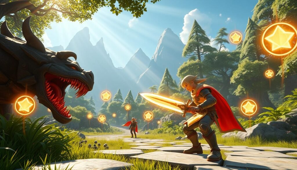 A vibrant digital fantasy landscape showcasing a character on their journey to level up in a game. In the foreground, a determined adventurer, clad in bright armor, is engaged in battling a monster, wielding a sword with a glow that signifies experience points earned. The middle ground features fantastical elements like sparkling orbs of experience and glowing achievement icons floating in the air. In the background, an enchanted forest with towering trees and distant mountains creates a sense of adventure and progress. The lighting is dynamic, with rays of sunlight filtering through the leaves, casting an ethereal glow on the scene, conveying a mood of excitement and achievement. The angle captures the character from a slightly low perspective to emphasize their determination and the scale of the environment.