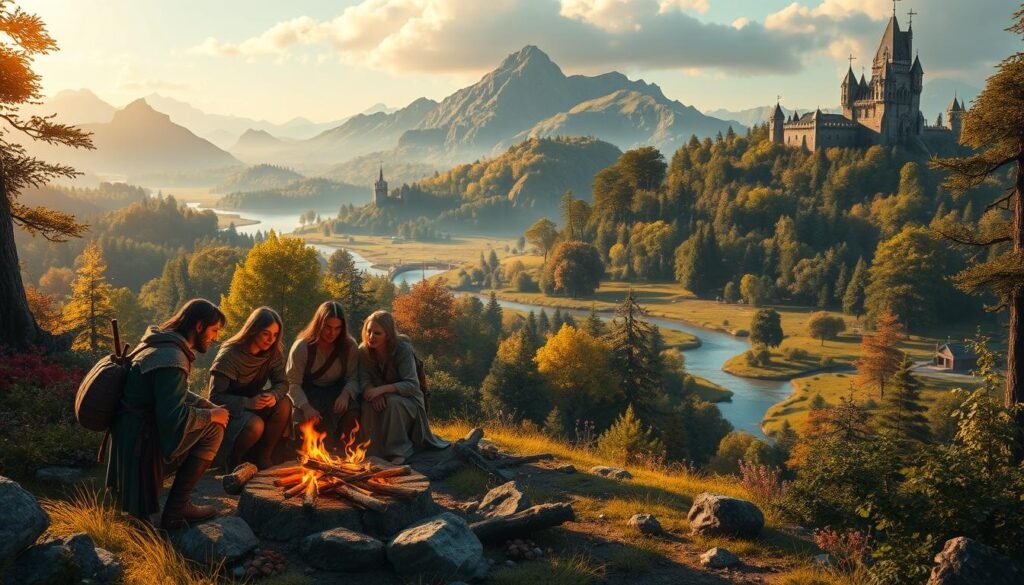 A vibrant, fantasy landscape inspired by the world of Albion. In the foreground, a diverse group of adventurers, dressed in medieval-style clothing, animatedly discussing a strategy around a campfire, showcasing camaraderie and teamwork. In the middle ground, a lush forest with various resources like herbs and minerals peeking through, along with a shimmering river and a few small creatures, emphasizing exploration and resource gathering. The background features majestic hills and a distant castle, bathed in warm sunlight during the golden hour, creating a sense of adventure and discovery. The overall atmosphere conveys excitement and cooperation, with soft, natural lighting highlighting the details and depth of the scenes.