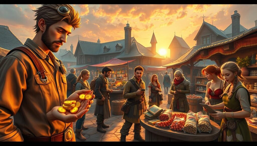 A vibrant in-game market scene from a fantasy RPG, showcasing a bustling trade environment in a medieval-style town. In the foreground, a seasoned character dressed in modest, practical clothing examines colorful, glowing kamas, the currency of the game. Nearby, a group of novice adventurers discuss strategies for maximizing their resources, including crafting and economy tips, emphasizing their young, eager expressions. The middle ground features various stalls displaying unique items and goods, with players trading fervently, their expressions reflecting excitement and ambition. In the background, an enchanting sunset casts warm, golden light over the rustic buildings, creating a sense of camaraderie and adventure. Use a wide-angle lens to capture the depth and liveliness of this dynamic setting, conveying a mood of optimism and potential for beginners in the game's economy.