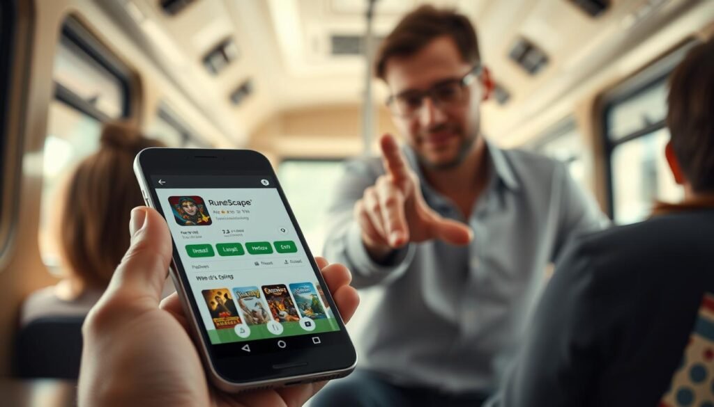 An artistic interpretation of the Google Play Store interface, prominently featuring a smartphone displaying the app's layout. In the foreground, show the phone with a sleek design, angled slightly to reveal the app download section for RuneScape. The middle ground features a subtle hand reaching to interact with the phone screen, dressed in casual yet professional attire. In the background, a cozy environment, resembling a modern living room or a bus interior, provides context for mobile gaming. Soft, natural lighting filters in, creating a warm atmosphere. The scene conveys a sense of excitement and accessibility as users explore the app, suggesting ease of download and installation of the game. No text or branding visible in the image.