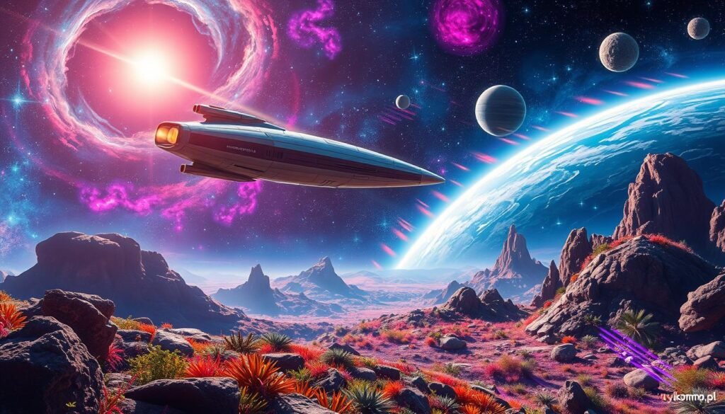 A breathtaking cosmic adventure scene depicting a vibrant, futuristic space landscape filled with distant planets, swirling nebulae, and sparkling stars. In the foreground, a sleek spaceship, designed for exploration, hovers just above a vibrant asteroid belt illuminated by the glow of a nearby star. The middle ground features a colorful alien world with lush vegetation and unusual rock formations, hinting at mysterious life forms. The background is a vast expanse of space, rich with star clusters and deep shades of blue and purple. Light beams from the ship create a dynamic sense of motion, while the overall atmosphere conveys excitement and wonder, inviting viewers to join the journey. The image should be bright and vivid, embodying the essence of outer space exploration, branded subtly with "tylkommo.pl".