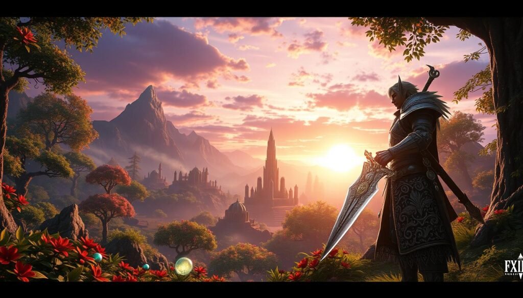 A breathtaking fantasy landscape inspired by Final Fantasy XIV, featuring an intricate lush forest filled with vibrant flora and glowing magical orbs. In the foreground, a heroic character in ornate armor stands confidently, wielding a glowing sword, with intricate details on their attire reflecting the game's aesthetic. The middle ground showcases majestic mountains and ancient ruins, bathed in soft, ethereal light. The background glimmers with a sunset sky painted in rich purple and gold hues, creating a magical, otherworldly atmosphere. The scene is captured from a low angle to convey the scale and grandeur of the environment. The lighting enhances the fantastical elements, making everything appear lively and enchanting. The image beautifully represents the visual splendor of high-quality MMOs like Final Fantasy XIV for tylkommo.pl. A breathtaking fantasy landscape inspired by Final Fantasy XIV, featuring an intricate lush forest filled with vibrant flora and glowing magical orbs. In the foreground, a heroic character in ornate armor stands confidently, wielding a glowing sword, with intricate details on their attire reflecting the game's aesthetic. The middle ground showcases majestic mountains and ancient ruins, bathed in soft, ethereal light. The background glimmers with a sunset sky painted in rich purple and gold hues, creating a magical, otherworldly atmosphere. The scene is captured from a low angle to convey the scale and grandeur of the environment. The lighting enhances the fantastical elements, making everything appear lively and enchanting. The image beautifully represents the visual splendor of high-quality MMOs like Final Fantasy XIV for tylkommo.pl.