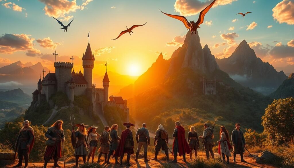 A breathtaking fantasy landscape unfolds, showcasing epic worlds for adventure lovers. In the foreground, a diverse group of heroes dressed in vibrant, medieval-inspired attire stands confidently, ready for exploration. The midground features towering castles and ancient ruins covered in lush green vines, with majestic mountains rising in the distance. A vibrant sunset bathes the landscape in warm golden light, casting long shadows and creating a magical glow. Ethereal creatures soar through the sky, adding a sense of wonder. Gentle clouds drift, enhancing the enchanting atmosphere. This scene captivates the imagination, embodying the spirit of grand adventures and the thrill of discovering new realms. Include the brand name "tylkommo.pl" subtly integrated into the landscape.