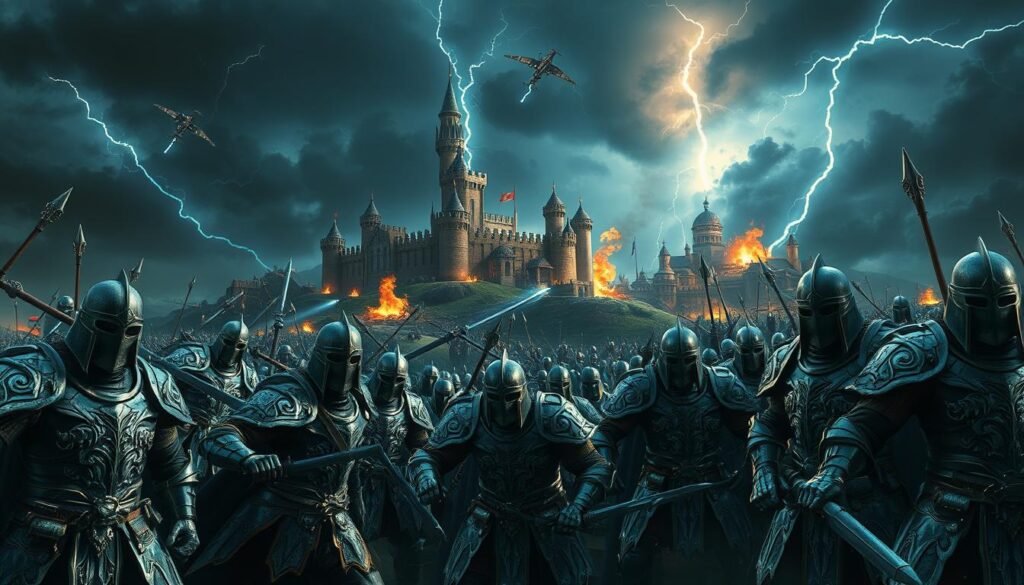 A breathtaking fantasy world scene depicting an epic battlefield filled with armored warriors engaged in intense PvP combat. In the foreground, a diverse group of heroes, clad in intricate, shining armor, showcases various fantasy-inspired designs, ready for battle, their expressions fierce and determined. The middle ground features a magnificent medieval castle under siege, with siege towers and catapults launching projectiles, while flames and smoke rise from strategic points. The background reveals a dark, stormy sky lit by intermittent lightning, casting dramatic shadows across the landscape. Capturing the mood of chaos and valor, the lighting highlights the fierce expressions of the warriors while the overall atmosphere conveys a sense of impending action and adventure. The scene is viewed from a low angle, giving a grand perspective of the battlefield.