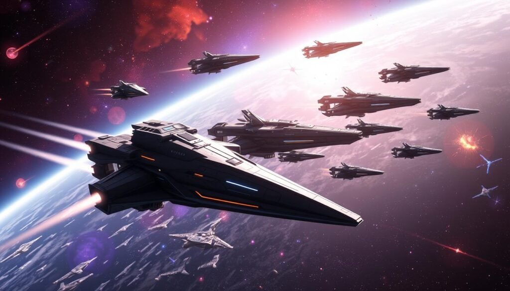 A breathtaking illustration of "New Eden ships" soaring through the vastness of space, featuring a diverse array of futuristic vessels representing different factions. In the foreground, a sleek, high-tech ship with angular designs and glowing accents navigates gracefully, its hull reflecting nearby stars. In the middle ground, a cluster of imposing ships showcases intricate faction symbols, emphasizing their unique styles and roles within the universe. The background is a stunning cosmic panorama filled with vibrant nebulas and distant galaxies, creating a sense of depth and grandeur. The lighting is dynamic, highlighting the ships with ethereal glows while casting soft shadows in the cosmic expanse. The atmosphere is one of adventure and strategic choice, capturing the essence of exploration and conflict in a thriving space MMO.