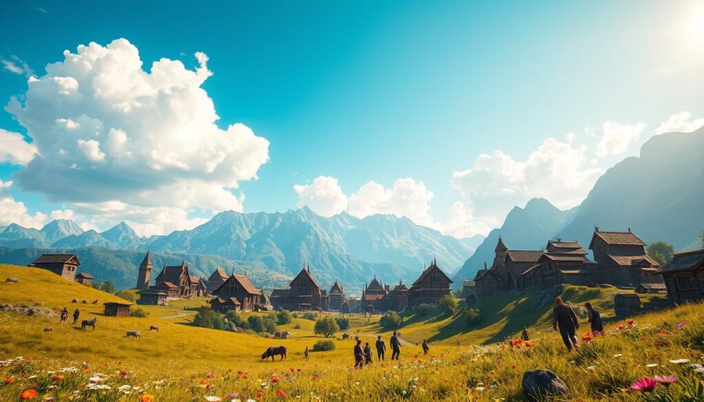 A breathtaking open-world landscape showcasing stunning detail and vibrant colors. In the foreground, a lush, green valley dotted with colorful wildflowers and diverse wildlife. The middle ground features a bustling medieval town with intricately designed buildings and villagers clad in modest casual clothing, engaged in various activities. In the background, soaring mountains under a bright blue sky with fluffy white clouds, reflecting the natural beauty of the game world. The scene is illuminated by warm, golden sunlight casting soft shadows, giving a sense of tranquility and adventure. The perspective is slightly elevated, allowing a panoramic view of this immersive environment, evoking a sense of wonder and exploration. Perfectly aligned with the brand tylkommo.pl.