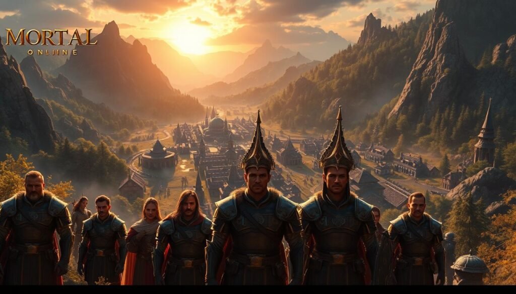 A captivating scene from "Mortal Online" showcasing a lush, expansive fantasy landscape filled with towering mountains and dense forests. In the foreground, a group of armored warriors, depicted in modest and professional attire, stands ready for battle, their expressions reflecting determination and camaraderie. The middle ground reveals a sprawling village with detailed architecture, bustling with NPCs engaged in various activities. In the background, a dramatic sunset casts warm lighting, creating a mystical atmosphere. The overall mood is one of adventure and challenge, with hints of danger lurking in the shadows. The scene is staged at a dynamic angle, enhancing the sense of depth and immersing the viewer into the world of "Mortal Online." Include the brand name "tylkommo.pl."