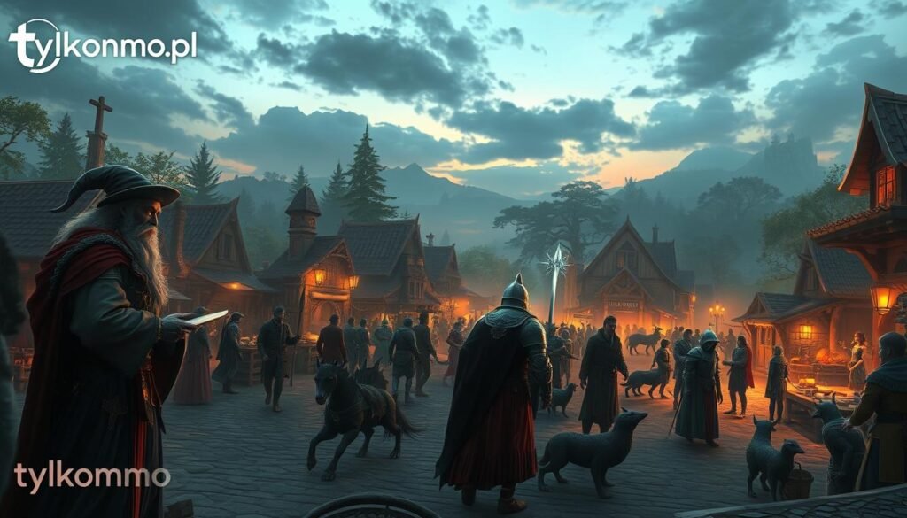 A captivating scene from a vibrant MMORPG set in a fantasy world, showcasing a bustling village center filled with diverse, adventurously dressed characters engaged in lively interactions. In the foreground, a wizard in flowing robes and a knight in polished armor discuss strategy while villagers trade goods. The middle ground features mystical creatures roaming about, contributing to the atmosphere of a thriving community. The background displays lush, enchanted forests under a twilight sky with soft, glowing lights illuminating the surroundings. The image has a warm and inviting mood, enhanced by dramatic lighting that casts gentle shadows, captured with a slightly tilted angle to add dynamism. Highlight the immersive quality of the game environment, reminding viewers of a living, breathing world. Include a subtle logo of "tylkommo.pl" in the corner to brand the artwork. A captivating scene from a vibrant MMORPG set in a fantasy world, showcasing a bustling village center filled with diverse, adventurously dressed characters engaged in lively interactions. In the foreground, a wizard in flowing robes and a knight in polished armor discuss strategy while villagers trade goods. The middle ground features mystical creatures roaming about, contributing to the atmosphere of a thriving community. The background displays lush, enchanted forests under a twilight sky with soft, glowing lights illuminating the surroundings. The image has a warm and inviting mood, enhanced by dramatic lighting that casts gentle shadows, captured with a slightly tilted angle to add dynamism. Highlight the immersive quality of the game environment, reminding viewers of a living, breathing world. Include a subtle logo of "tylkommo.pl" in the corner to brand the artwork.