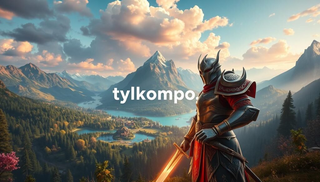 A captivating scene showcasing an immersive fantasy MMORPG on a PC without grinding. In the foreground, a character clad in vibrant, intricate armor, holding a glowing sword, exudes confidence and determination. The middle layer reveals a beautifully designed game landscape, featuring lush forests, majestic mountains, and sparkling lakes, all brimming with life and magical creatures. In the background, a mystical sky with colorful clouds complements the enchanting atmosphere. The lighting is soft and inviting, suggesting the dawn of a new adventure. The camera angle is dynamic, offering a slight upward tilt to enhance the sense of epic scale. The overall mood is one of excitement and discovery. Subtly include the logo of "tylkommo.pl" in the design, seamlessly integrated into the environment, enhancing the visual narrative without distractions.