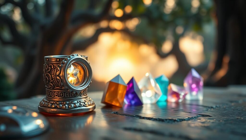 A close-up view of a beautifully crafted socket for mounting armor crystals, designed with intricate details and a blend of metallic and gemstone textures. In the foreground, the socket gleams in the light, revealing its polished surface with subtle reflections. The middle ground features various colored armor crystals, each uniquely shaped and radiating a soft glow, showcasing their potential for enhancing scales. The background is softly blurred, with hints of a mystical landscape inspired by fantasy elements, such as ancient trees and ethereal light filtering through leaves. The atmosphere is serene and focused, conveying a sense of craftsmanship and attention to detail. The lighting is warm and inviting, emphasizing the beauty of the socket and crystals while creating depth.