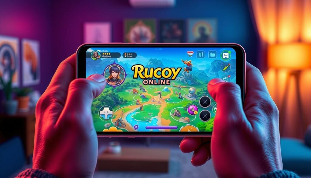 A colorful digital illustration depicting a mobile phone screen displaying the interface of "Rucoy Online," featuring vibrant fantasy graphics with character avatars and controls clearly visible. In the foreground, a pair of hands, wearing casual clothing, are holding the phone as if navigating the game. The middle section shows the game's colorful map with various characters and enemy icons, emphasizing the interactive aspect of mobile gaming. The background consists of a blurred room setting with dim, ambient lighting that creates a cozy gaming atmosphere. The overall mood is inviting and engaging, capturing the excitement of mobile MMO gaming while maintaining a professional and relatable vibe.