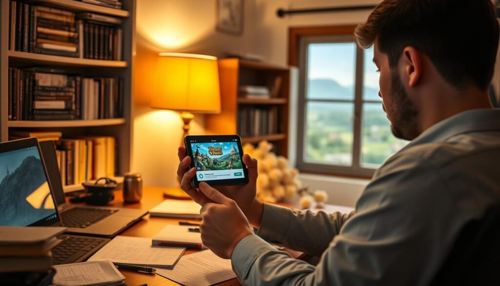 A cozy digital workspace setting featuring a focused individual sitting at a desk with an Android device in hand, displaying the game "Villagers & Heroes" on the screen. The person is dressed in casual yet professional attire, engaged in reviewing the game's download options and compatibility settings. In the foreground, the desk is cluttered with notes and a laptop, while a warm desk lamp casts a soft glow, creating an inviting atmosphere. The middle ground shows a bookshelf filled with gaming and technology manuals, highlighting the old-school MMO vibe. In the background, a window reveals a serene village landscape, adding depth to the scene. Soft, natural lighting filters through, enhancing the mood of anticipation and preparation for the installation process. A cozy digital workspace setting featuring a focused individual sitting at a desk with an Android device in hand, displaying the game "Villagers & Heroes" on the screen. The person is dressed in casual yet professional attire, engaged in reviewing the game's download options and compatibility settings. In the foreground, the desk is cluttered with notes and a laptop, while a warm desk lamp casts a soft glow, creating an inviting atmosphere. The middle ground shows a bookshelf filled with gaming and technology manuals, highlighting the old-school MMO vibe. In the background, a window reveals a serene village landscape, adding depth to the scene. Soft, natural lighting filters through, enhancing the mood of anticipation and preparation for the installation process.