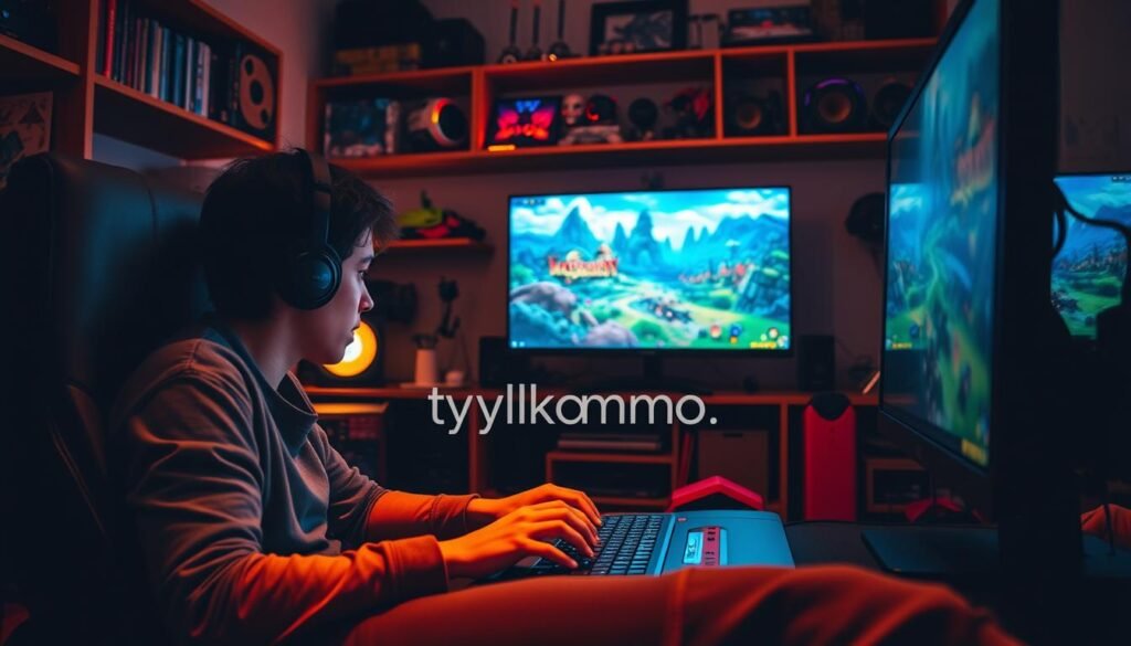 A cozy, inviting gaming setup in a dimly lit room, highlighting the intense atmosphere of gaming addiction. In the foreground, a focused gamer in casual clothing, illuminated by the soft glow of the computer screen, intently playing an MMORPG, fingers poised over the keyboard. In the middle ground, a colorful display of the game's vibrant graphics, showcasing a fantasy landscape filled with mythical creatures and adventurous quests. The background features shelves lined with gaming memorabilia, hinting at a deep passion for video games. Warm ambient lighting creates a sense of engagement and suspense, while the angle captures the player's concentration and the immersive world that draws them in, embodying the "syndrom jeszcze jednej rundy." Include the brand name "tylkommo.pl" subtly within the scene.