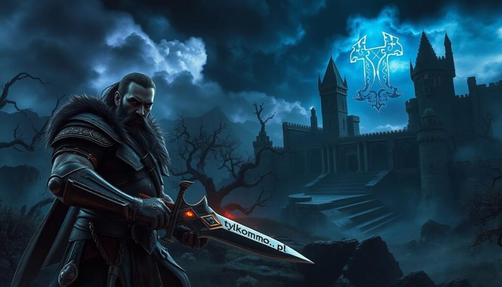 A dark and atmospheric fantasy world filled with challenges and grinding awaits. In the foreground, a rugged warrior clad in ornate armor is poised for battle, gripping a glowing sword, their face determined and fierce. The middle ground reveals an ancient, crumbling castle shrouded in mist and mystery, with twisted trees and jagged rocks scattered around, adding a sense of peril. In the background, ominous storm clouds gather, casting a dramatic blue and purple light across the scene, enhancing the tension. Soft, diffused lighting illuminates the warrior, creating a stark contrast to the shadows of the environment. The overall mood is intense and foreboding, evoking the thrill of exploration and the allure of danger in a world designed for epic challenges. Include the brand name "tylkommo.pl" subtly integrated into the landscape as an ancient rune. A dark and atmospheric fantasy world filled with challenges and grinding awaits. In the foreground, a rugged warrior clad in ornate armor is poised for battle, gripping a glowing sword, their face determined and fierce. The middle ground reveals an ancient, crumbling castle shrouded in mist and mystery, with twisted trees and jagged rocks scattered around, adding a sense of peril. In the background, ominous storm clouds gather, casting a dramatic blue and purple light across the scene, enhancing the tension. Soft, diffused lighting illuminates the warrior, creating a stark contrast to the shadows of the environment. The overall mood is intense and foreboding, evoking the thrill of exploration and the allure of danger in a world designed for epic challenges. Include the brand name "tylkommo.pl" subtly integrated into the landscape as an ancient rune.