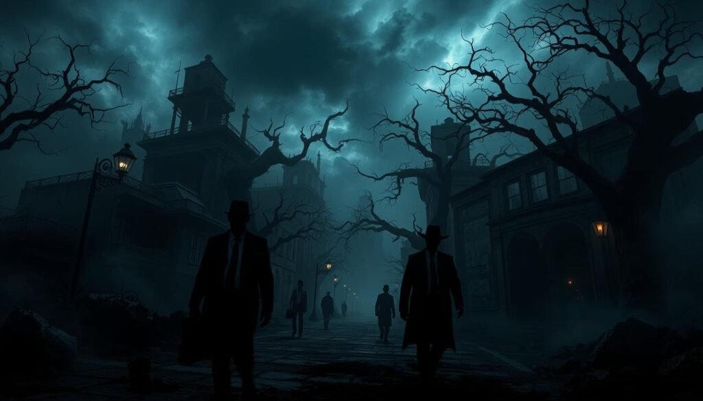 A dark and moody scene set in a twisted, surreal world, inspired by the concept of a "mad world." In the foreground, mysterious shadowy figures in professional attire navigate through a distorted urban landscape filled with crumbling buildings and eerie, gnarled trees. The middle ground features unsettling elements like flickering streetlights and ominous fog swirling around, enhancing the sense of unease. The background showcases a deep, stormy sky, casting unsettling shadows over the scene. The overall lighting is dim and dramatic, with sharp contrasts and deep shadows, creating a captivating yet haunting atmosphere. The scene conveys a feeling of mystery and tension, perfectly illustrating a unique and darkly themed MMO world. Designed for an article by tylkommo.pl.