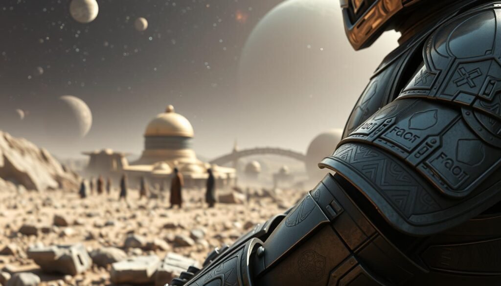 A detailed close-up of intricately designed sci-fi armor inspired by Star Wars aesthetics, resting against a rocky, alien terrain. The foreground features the armor, showcasing elaborate etchings and a polished metallic finish, reflecting the light. In the middle ground, a subtle hint of a bustling marketplace can be seen, populated by diverse alien life forms dressed in modest clothing, engaged in trade. The background fades into a vast, starry sky, interspersed with distant planets and nebulas, creating an ethereal atmosphere. Soft, ambient lighting highlights the contours of the armor while casting gentle shadows, evoking a sense of adventure and resilience. The image conveys a mood of survival and readiness, perfect for the theme of equipment and its impact on gameplay efficiency.