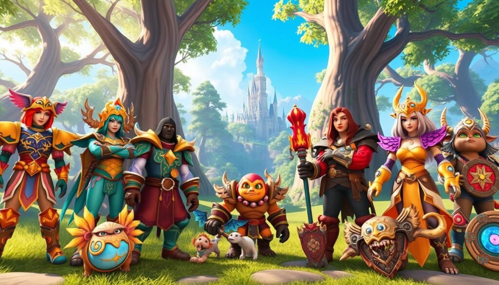 A detailed collection of colorful game cosmetics from AdventureQuest 3D set against a fantasy backdrop. In the foreground, showcase a variety of items including ornate skins, stylish armor sets, and whimsical weapons, each intricately designed with vibrant colors and unique patterns. The middle ground features a lush, enchanted forest with soft, diffused lighting filtering through the trees, creating a magical atmosphere. In the background, a distant castle towers under a clear blue sky, emphasizing adventure and exploration. The overall mood is one of excitement and creativity, inviting players to personalize their gaming experience. Capture this scene with a slightly low angle to enhance the grandeur of the cosmetics and the environment, ensuring a rich depth of field.